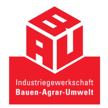 Logo der Industriegewerkschaft Bauen-Agrar-Umwelt (IG BAU). Ein rotes, stilisiertes Würfelsymbol mit den weissen Buchstaben „B“, „A“ und „U“. Darunter der Schriftzug „Industriegewerkschaft Bauen-Agrar-Umwelt“ in weisser und gelber Schrift auf rotem Hintergrund.